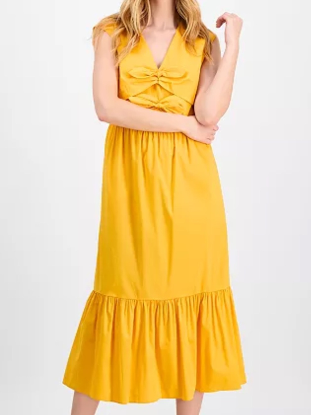Anne Klein Women 0 Sunset Gold Pockets Bow-Front Sleeveless Midi Dress NWT